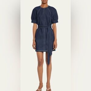 Cinq à Sept Designer Denim Puff Sleeve Dress Size 10 Dark Wash Tie Waist